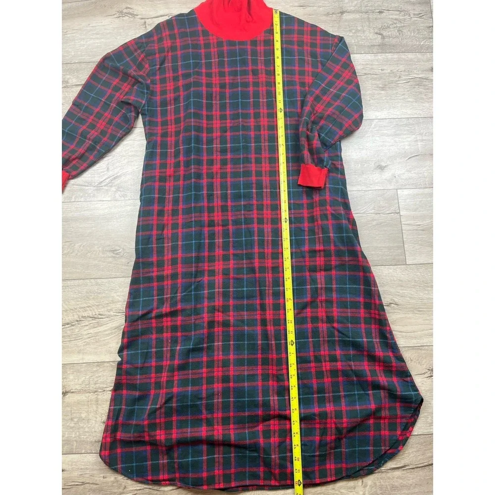 VTG LL BEAN Nightgown Women's Small Long Flannel Turtleneck Plaid Red Blue Black